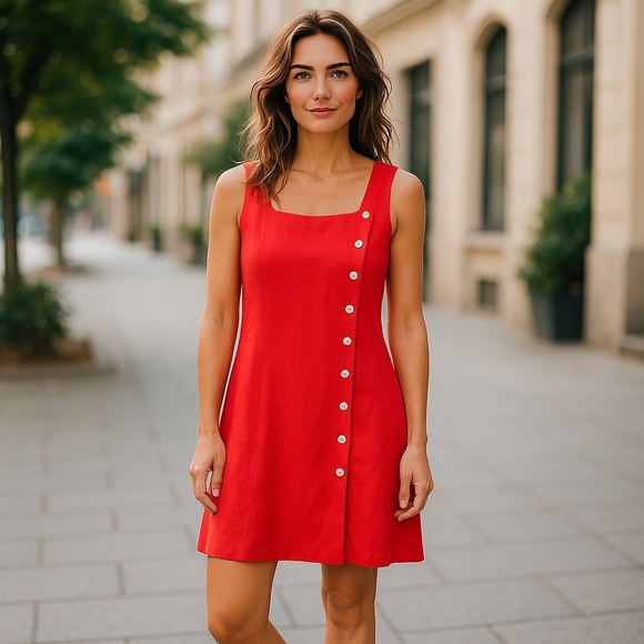 Speigle vintage red linen breathable blend button square neck pencil dress SZ-4 - Picture 1 of 8